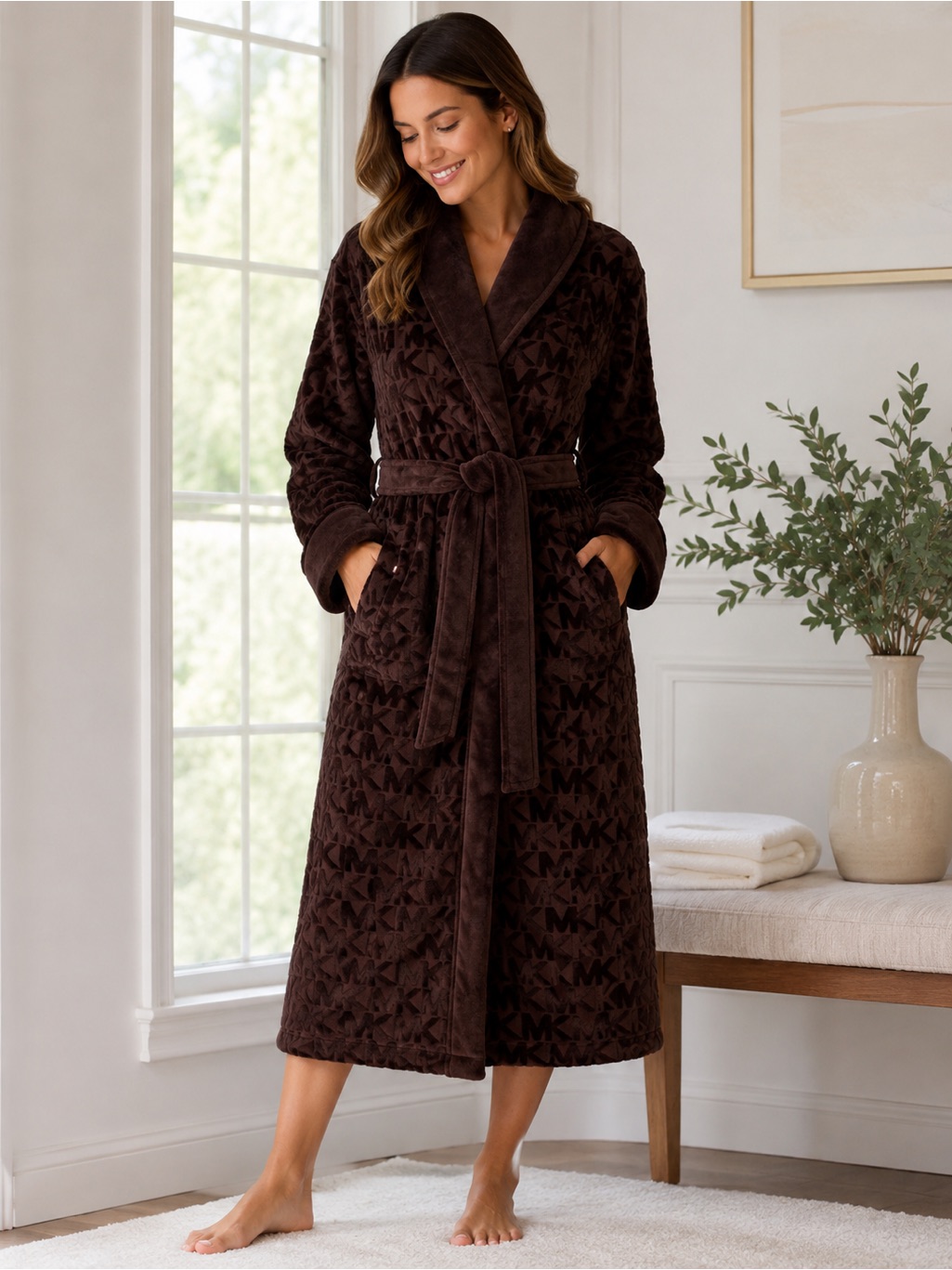 Michael Kors Plush Logo Jacquard Bath Robe | Brown | S/M | Nwt Gift Box